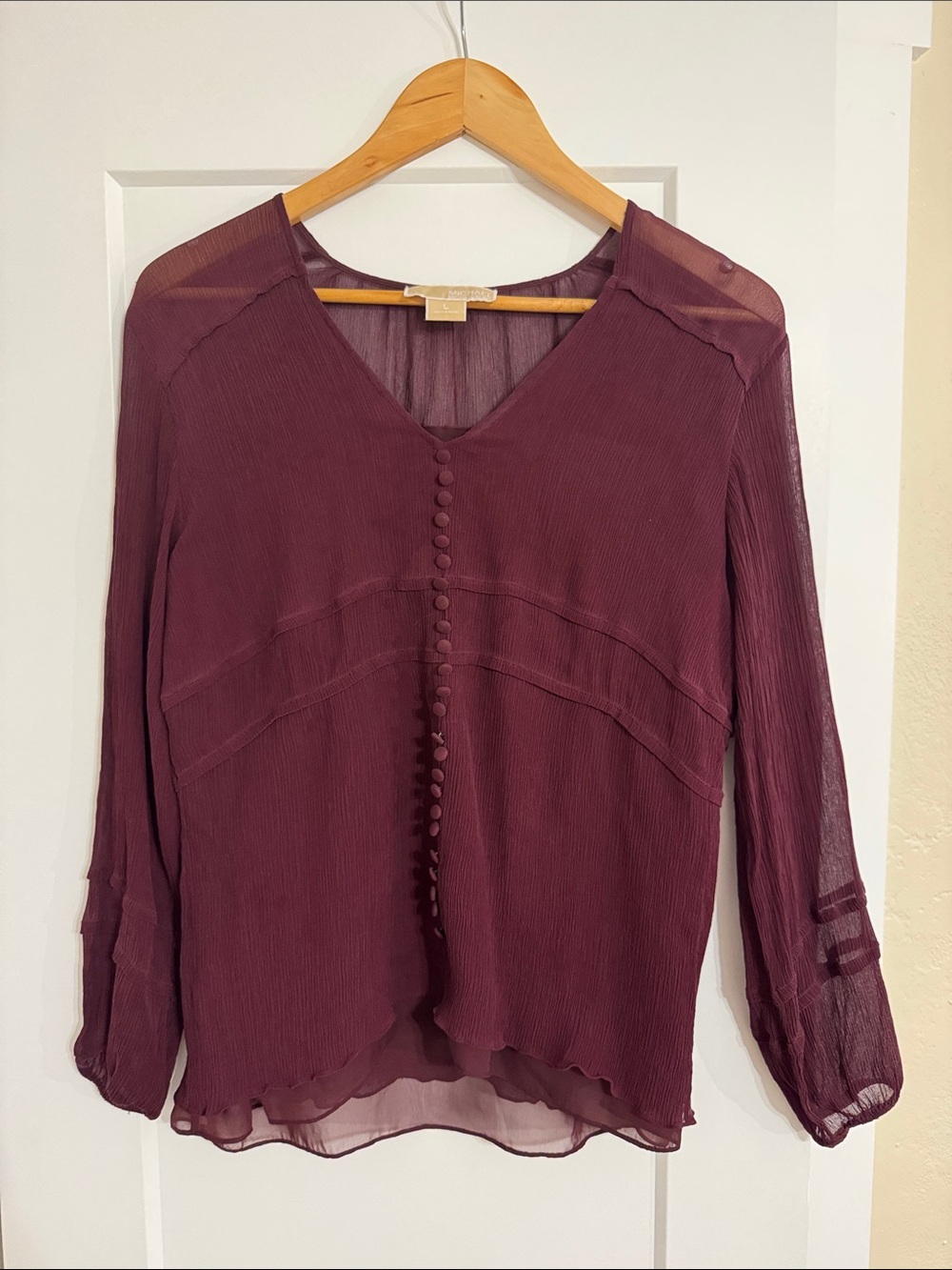 Michael Kors Wine V-Neck Sheer Blouse